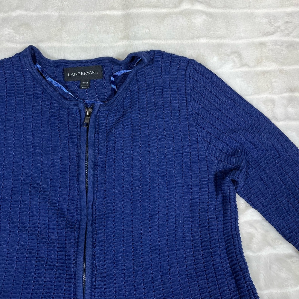 LANE Bryant 10/12 Deep Blue Knit Full Zip Peplum 3/4 Sleeve Fall Winter Sweater